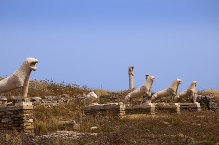 The Lions on the Temple Island of Delos in the Cyclades Islands Greeceのeditorial素材