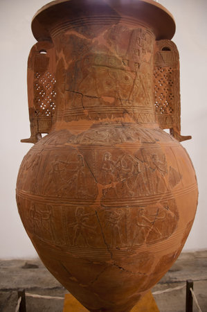 Ancient Greek Vase depicting the Trojan Horse in the Museum in Chora on the island of Mykonos Greeceのeditorial素材