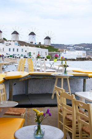 Little Venice in Chora the Main Town on the Island of Mykonos Greeceのeditorial素材