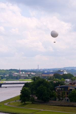 Hot air balloon over the River Vistula in Krakow Polandのeditorial素材