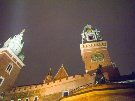 The towers of Wawel Castle at night in Krakow Polandのeditorial素材