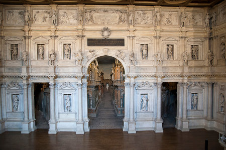The three-dimensional stage at the Teatro Olimpico in Vicenzaのeditorial素材