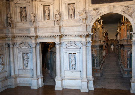 The three-dimensional stage at the Teatro Olimpico in Vicenzaのeditorial素材