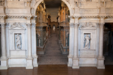 The three-dimensional stage at the Teatro Olimpico in Vicenzaのeditorial素材