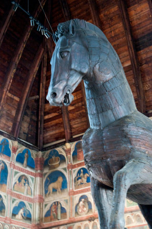 Donatellos Huge Wooden Trojan Horse in the Palazzo de Ragone in Padua Italyのeditorial素材