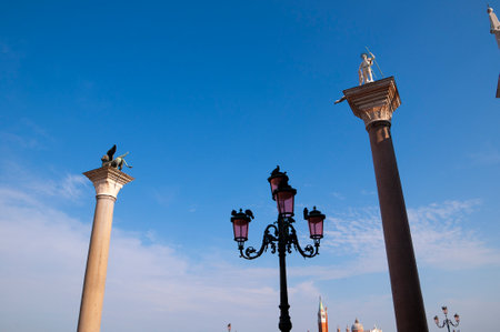 Columns with St Mark and the Venetian Lion in Venice Italyのeditorial素材