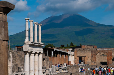 Mount Vesuvius from the ruins of the once buried city of Pompeii Italyのeditorial素材