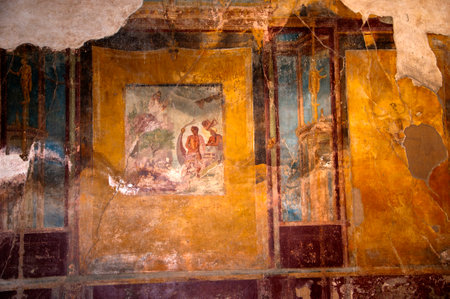 Ruined frescoes in the once buried city of Pompeii Italyのeditorial素材