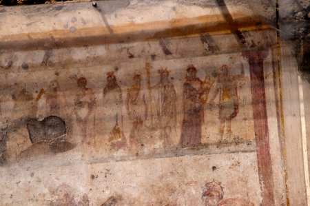 Ruined frescoes in the once buried city of Pompeii Italyのeditorial素材