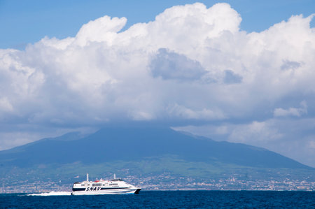 View of Vesuvius and the Capri ferry Sorrento Italyのeditorial素材