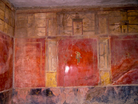 Ruined frescoes in the once buried city of Pompeii Italyのeditorial素材