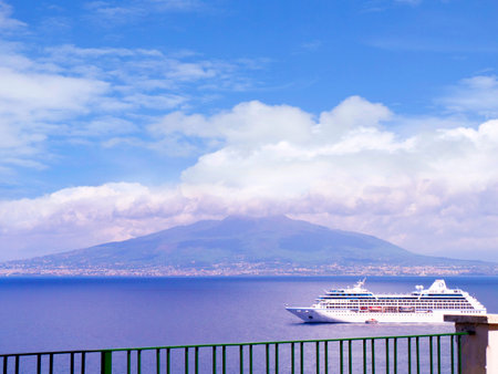 Cruise ship at Anchor off Sorrento in the Bay of Naples Italyのeditorial素材