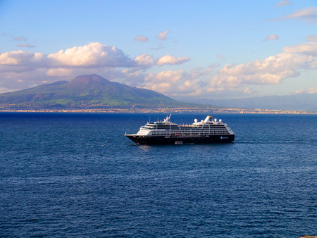 Mount Vesuvius with cruise ship in the Bay of Naples Italyのeditorial素材