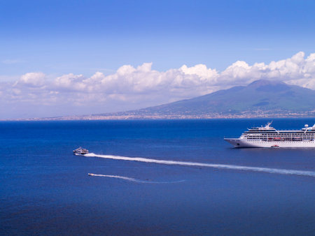 Mount Vesuvius with cruise ship in the Bay of Naples Italyのeditorial素材