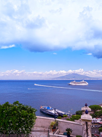 Mount Vesuvius with cruise ship in the Bay of Naples Italyのeditorial素材