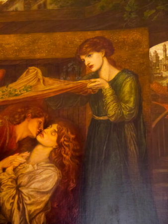 Detail of pre Raphaelite painting by Rossetti in Art Galleryのeditorial素材