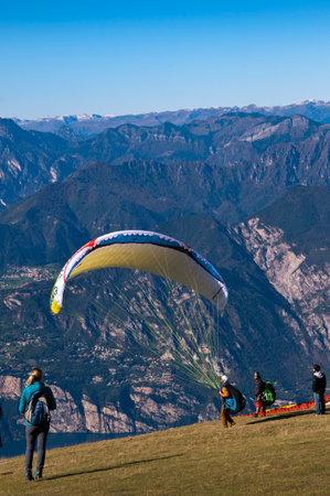 Paraglider at the top of Monte Baldo above Malcesine Italyのeditorial素材