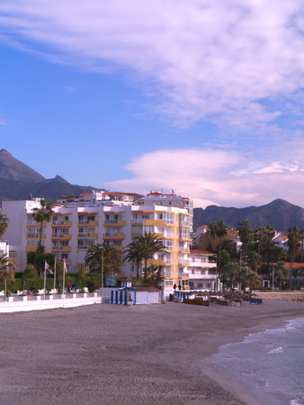 Beach scenes in Nerja, a sleepy Spanish Holiday resort on the Costa Del Sol  near Malaga, Andalucia, Spain, Europeのeditorial素材