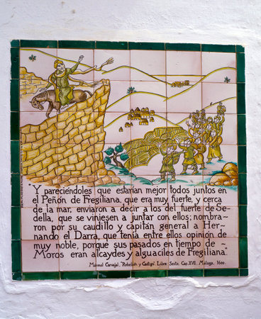 One of the ceramic plaques that tell the story of Frigiliana in Andalucia Spain which shows the Moorish villages last battle against the Christians in 1496のeditorial素材