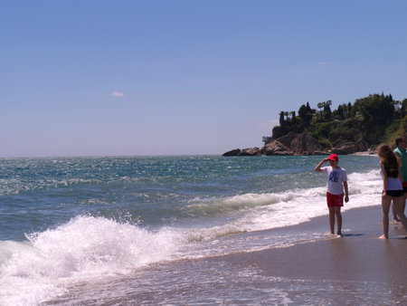 Beach scenes in Nerja, a sleepy Spanish Holiday resort on the Costa Del Sol  near Malaga, Andalucia, Spain, Europeのeditorial素材