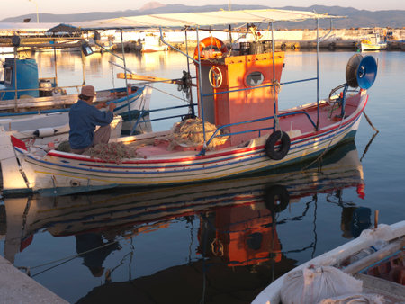 Evening Falls on harbour at Skala Kalloni Lesvos Greeceのeditorial素材
