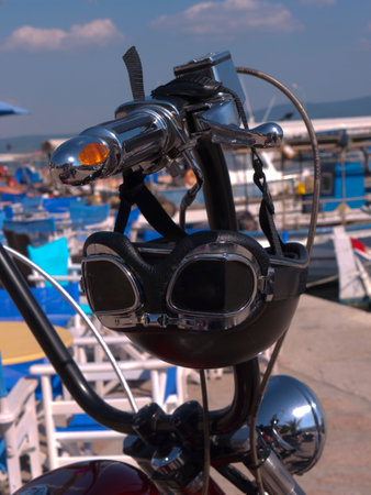 Custom Motorbikes on Harbour at Skala Kalloni on the island of Lesvos Greeceのeditorial素材