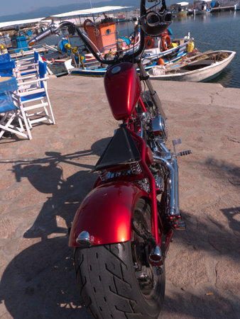 Custom Motorbikes on Harbour at Skala Kalloni on the island of Lesvos Greeceのeditorial素材
