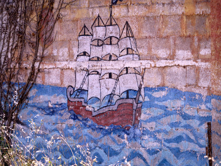 Graffitti of Ship in Skala Kalloni Lesvos Greeceのeditorial素材