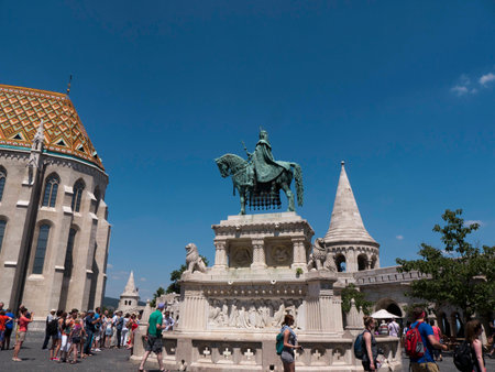 Statue of St Stephan on Fishermans Bastion in Budapest Hungaryのeditorial素材