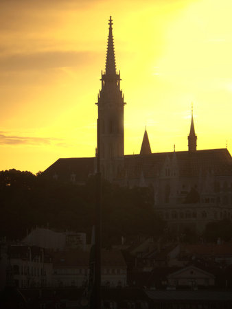 Sunset over St Matthias Church in Budapest Hungaryのeditorial素材