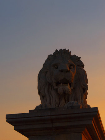 Lion on the Chain Bridge in Budapest Hungaryのeditorial素材