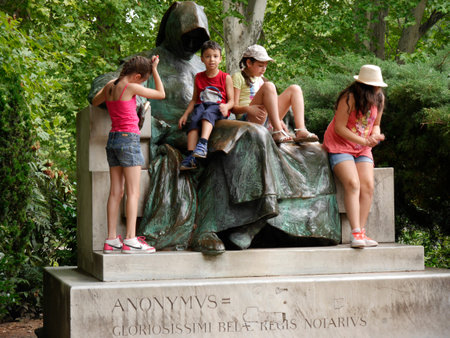 The Anonymus Poet statue at Vajdahunyad castle in Budapest Hungaryのeditorial素材