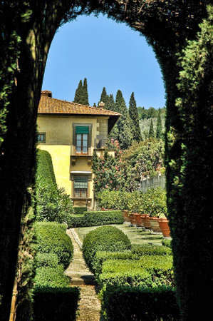 The beautiful gardens of the Villa Gamberaia overlooking Florence at Settignano near Florenceのeditorial素材