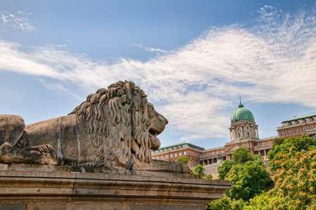 Lion on the Chain Bridge in Budapest Hungaryのeditorial素材