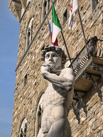 Michelangelos Statue of David in Piazza della Signoria Florence Italyのeditorial素材