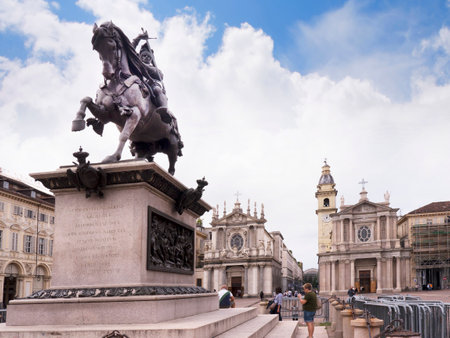 The Piazza San Carlos in Turin Italy with the twin Churches of San Carlos and Santa Cristina Turin Italyのeditorial素材