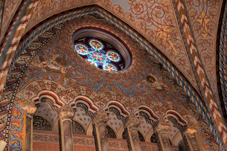The lavish highly decorated interior of St Matthias Cathedral in Budapest where all the Kings of Hungary have been crownedのeditorial素材