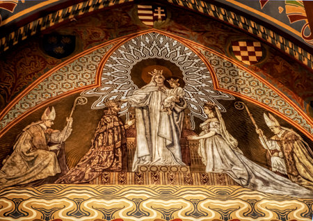 The lavish highly decorated interior of St Matthias Cathedral in Budapest where all the Kings of Hungary have been crownedのeditorial素材