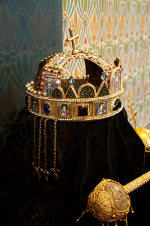 Replica of the Hungarian Crown jewels in the Coronation Cathedral of St Matthias Budapest Hungaryのeditorial素材
