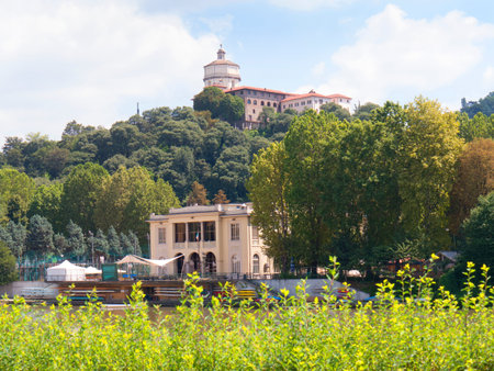 River Po with the Capucin Monastery on the heights above Turin Italyのeditorial素材