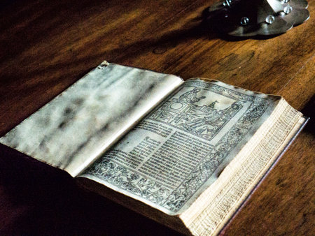 Early book in the Borgo Medievale a castle where elements of buildings from all over Italy were put together to create a replica Castle in Turin Italyのeditorial素材