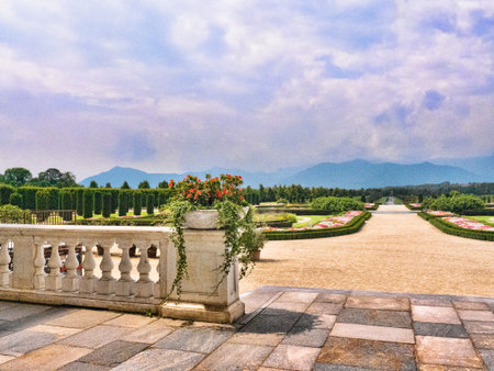 The gardens at the Venaria Reale or the Reggia a royal hunting lodge on the outskirts  of Turin Italyのeditorial素材