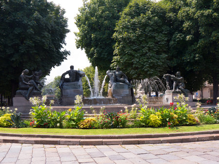 Flower filled Park with Fountains in Turin Italyのeditorial素材