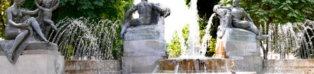 Flower filled Park on Piazza Solferino with Fountains and Statues in Turin Italyのeditorial素材