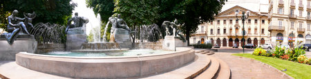Flower filled Park on Piazza Solferino with Fountains and Statues in Turin Italyのeditorial素材