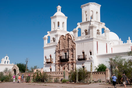 Mission San Xavier del Bac is a historic Spanish Catholic mission located about 10 miles south of Tucson, Arizonaのeditorial素材