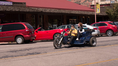 Motorcyclist rides through Sedona Arizona USA