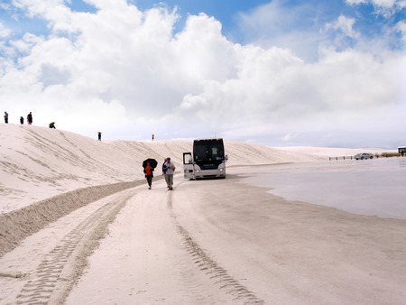 White Sands National Monument is a large unique area of fine white gypsum sand which is blown into dunes. Nearby is the Los Alamos Missile Range.の写真素材