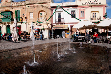 Fountains in front of the Church in Marsaxlokk overlooking the Harbour on the island of Maltaのeditorial素材
