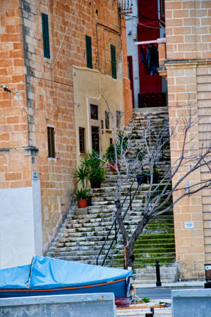 Steep Streets  around the Grand Harbour in Valletta on the island of Maltaのeditorial素材